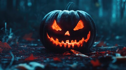 Wall Mural - halloween pumpkin with eerie glow in night collage