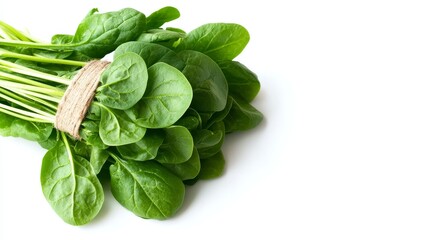 Poster - A bunch of fresh, green spinach leaves tied with twine, isolated on a white background. Perfect for healthy eating, salads, smoothies, and cooking.