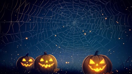 Wall Mural - A captivating Halloween scene with glowing jack-o'-lanterns illuminated against a dark night sky adorned with a large spider web. This enchanting image evokes mystery, festivity, and the magic of Hall