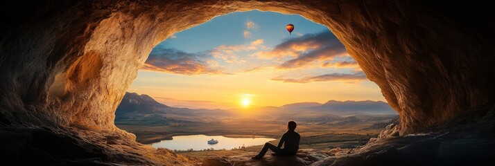 Canvas Print - A captivating view of a picturesque sunset through a heart-shaped cave, symbolizing love, hope, new beginnings, adventure, and wonder.