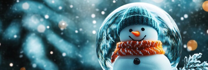 Poster - A cheerful snowman in a blue knitted hat and orange scarf smiles warmly from inside a snow globe, surrounded by a snowy winter wonderland. The scene evokes a sense of winter magic, joy, and festive sp