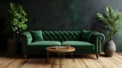 Poster - Elegant green velvet sofa with plants and a wooden coffee table.