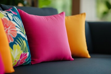 Poster - A close-up shot of colorful cushions arranged on a sofa, showcasing a pink, yellow, and floral patterned cushion, adding a pop of color and texture to the space.