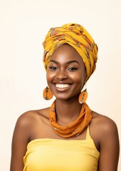 Poster - Young Africa woman with pleasant smile photography portrait turban.