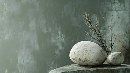 Two White Stones with Dried Branches on a Green Background