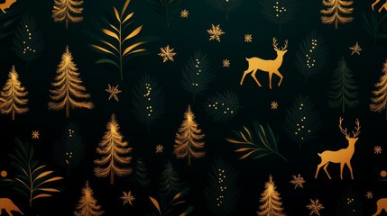 Wall Mural - A festive Christmas pattern featuring golden deer and trees on a dark green background, symbolizing nature, celebration, winter, peace, and joy.