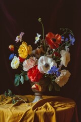 Poster - Medieval style colorful flowers vase on table with dark yellow tablecloth painting plant petal.