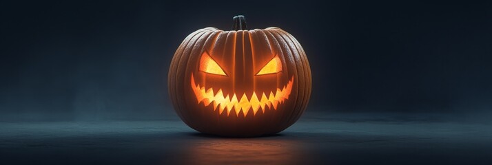 Poster - A menacing jack-o'-lantern with a sinister grin, glowing eyes, and sharp teeth. The pumpkin is carved with precision, creating an eerie and captivating image. The dark background enhances the sinister