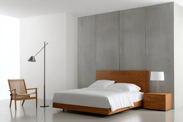 Poster - A minimalist modern bedroom with a concrete wall, a wooden bed with white linens, a bedside table, and a floor lamp.