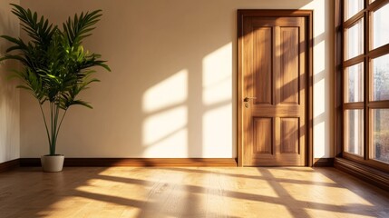 Poster - A minimalist, beige room interior featuring a large wooden door, a window, and a potted plant, bathed in warm sunlight. The room is ideal for showcasing furniture, decor, or as a blank canvas for desi