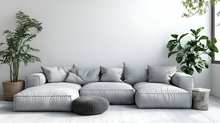 Sticker - Cozy living room with a modern gray sofa and indoor plants.