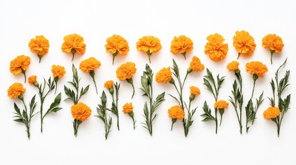 Poster - Arrangement of vibrant orange marigold flowers with green leaves on a white background, showcasing botanical patterns in a minimalist style.