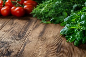 Canvas Print - A rustic wooden table with fresh herbs and tomatoes. This image is perfect for showcasing food, recipes, or cooking. It also evokes feelings of nature, freshness, and health.