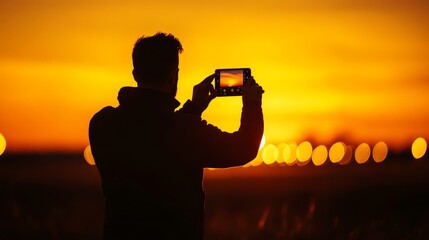 Sticker - A silhouette of a man capturing the beauty of a sunset, highlighting the fleeting moments of golden light and the awe-inspiring power of nature.