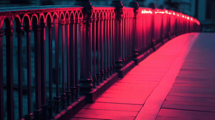 A bridge with a red railing and a red line on the ground