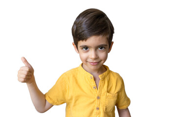 Cute little boy show thumb up gesture, close up. Say no, whims, emotions and facial expression. Like gesture