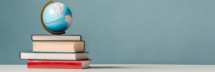 Poster - A stack of colorful books with a globe on top, symbolizing global knowledge, education, learning, exploration, and travel.