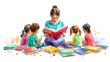 © Mickey - A teacher is reading a book to a group of four children. The teacher and children are all sitting on the floor surrounded by colorful books. This image represents education, learning, storytelling, an