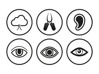 Illustration of Five Senses Icons for Vision Hearing Touch Taste Smell in Black and White Design