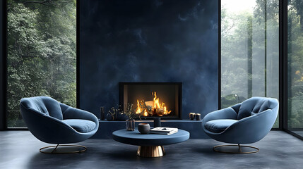 Wall Mural - Cozy modern living room with a fireplace and forest view.