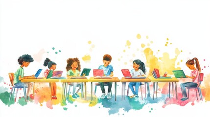 Sticker - A watercolor illustration depicting a classroom scene with six diverse students sitting at desks and engaged in learning, symbolizing collaboration, inclusivity, education, and knowledge.