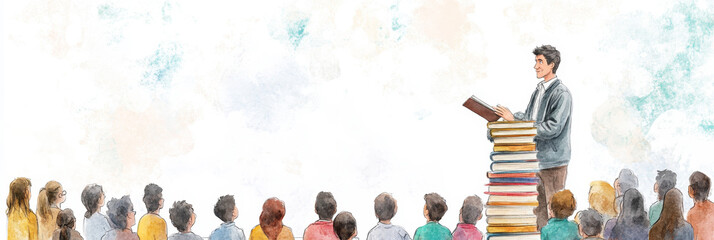 Poster - A watercolor illustration of a professor standing on a stack of books, sharing knowledge with a group of attentive students, symbolizing education, wisdom, inspiration, learning, and growth.