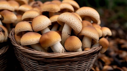 Canvas Print - Close-up of a wicker basket filled with wild mushrooms featuring brown caps and textured surfaces in an outdoor setting.