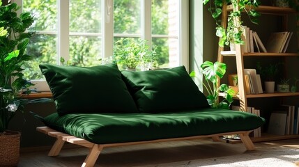 Wall Mural - Comfortable and stylish dark green futon sofa placed near a window with natural light, creating a relaxing and inviting atmosphere.