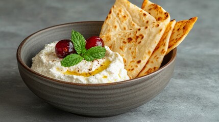 Canvas Print - Creamy ricotta cheese topped with grilled cherries and a drizzle of olive oil, served with warm flatbread. A light and refreshing appetizer or dessert.