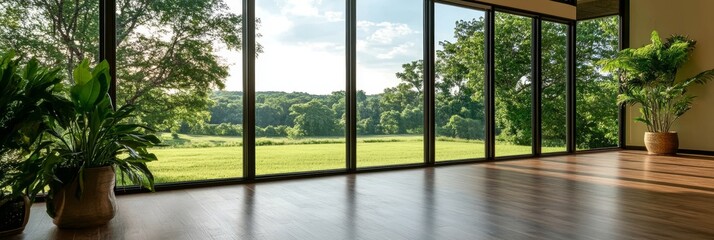 Poster - Modern home interior featuring a spacious room with large windows showcasing a beautiful green landscape, creating a serene and airy atmosphere.