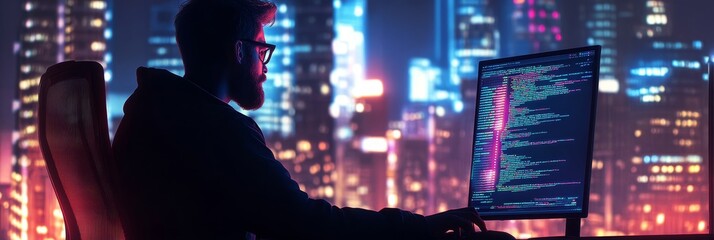 Sticker - Silhouetted software developer working late at night, focused on coding, with a city skyline background, symbolizing the drive, dedication, and creative problem-solving required in the tech industry.