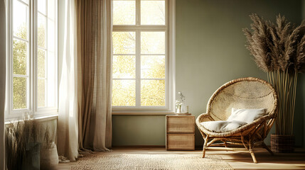 Canvas Print - Cozy interior featuring a rattan chair and natural light.