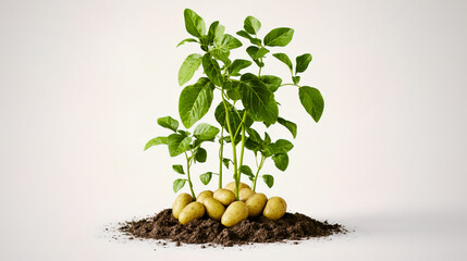 Wall Mural - A potato plant displayed against a white background, showcasing its green leaves and stems, with several clusters of potatoes visible at the base.