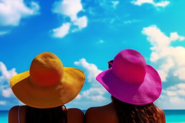 Sticker - Two best friends relax on a sunny beach, wearing colorful hats and enjoying the summer breeze. They are relaxed, happy, and enjoying their vacation. This image evokes feelings of friendship, relaxatio