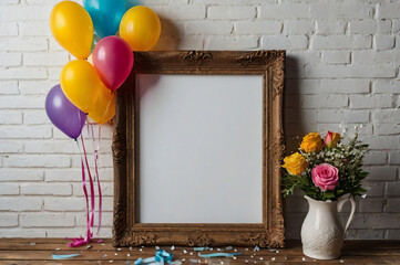 A blank frame encircled by colorful birthday decorations.