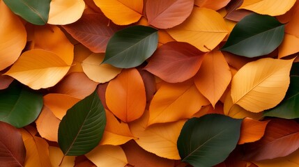 Wall Mural - Vibrant autumn leaves background featuring a mix of orange, yellow, and green leaves, symbolizing change, nature, beauty, fall, and transition.