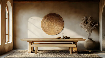 Sticker - Minimalist dining area with natural elements and warm tones.