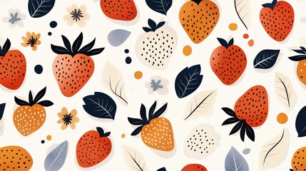 Wall Mural - Colorful seamless pattern featuring strawberries, floral elements, and leaves on a light background