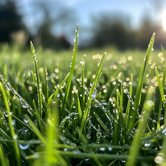 Close-up green grass lawn with clouds on blue sky