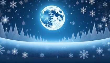 Stylized Winter Scene with Full Moon and Snowflakes