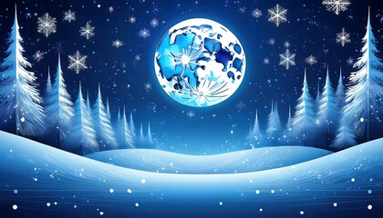 Stylized Winter Scene with Full Moon and Snowflakes