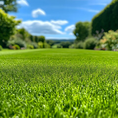 Close-up green grass lawn with clouds on blue sky