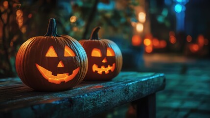 Wall Mural - halloween pumpkins on a wooden table at night
