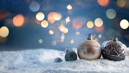 Christmas or New Year Idea of ​​Baubles On Snow with Ornaments and Bokeh for Christmas Decoration