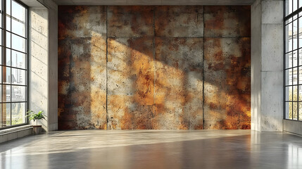 Wall Mural - Modern industrial interior with a textured rust wall and natural light.