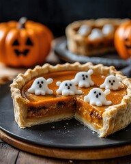 Canvas Print - Festive homemade pie with pumpkin filling and ghost decorations for children s celebration