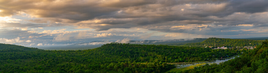 Wall Mural - panorama mountain with cloud sky border thailand and laos in beautiful sunrise.