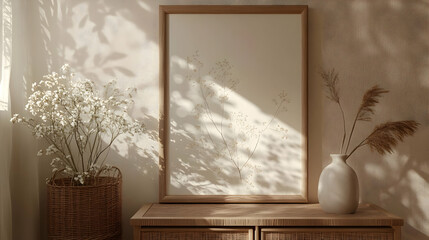 Poster - Serene interior with framed artwork and decorative plants.