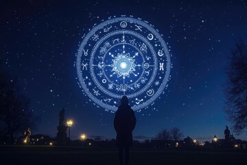 Man looking at glowing zodiac sign wheel in night sky