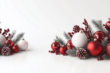 Wall Mural - christmas composition with red and white baubles and branches creating festive atmosphere